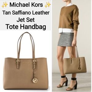 Michael Kors Tan Saffiano Leather Jet Set Tote Handbag with Gold Hardware